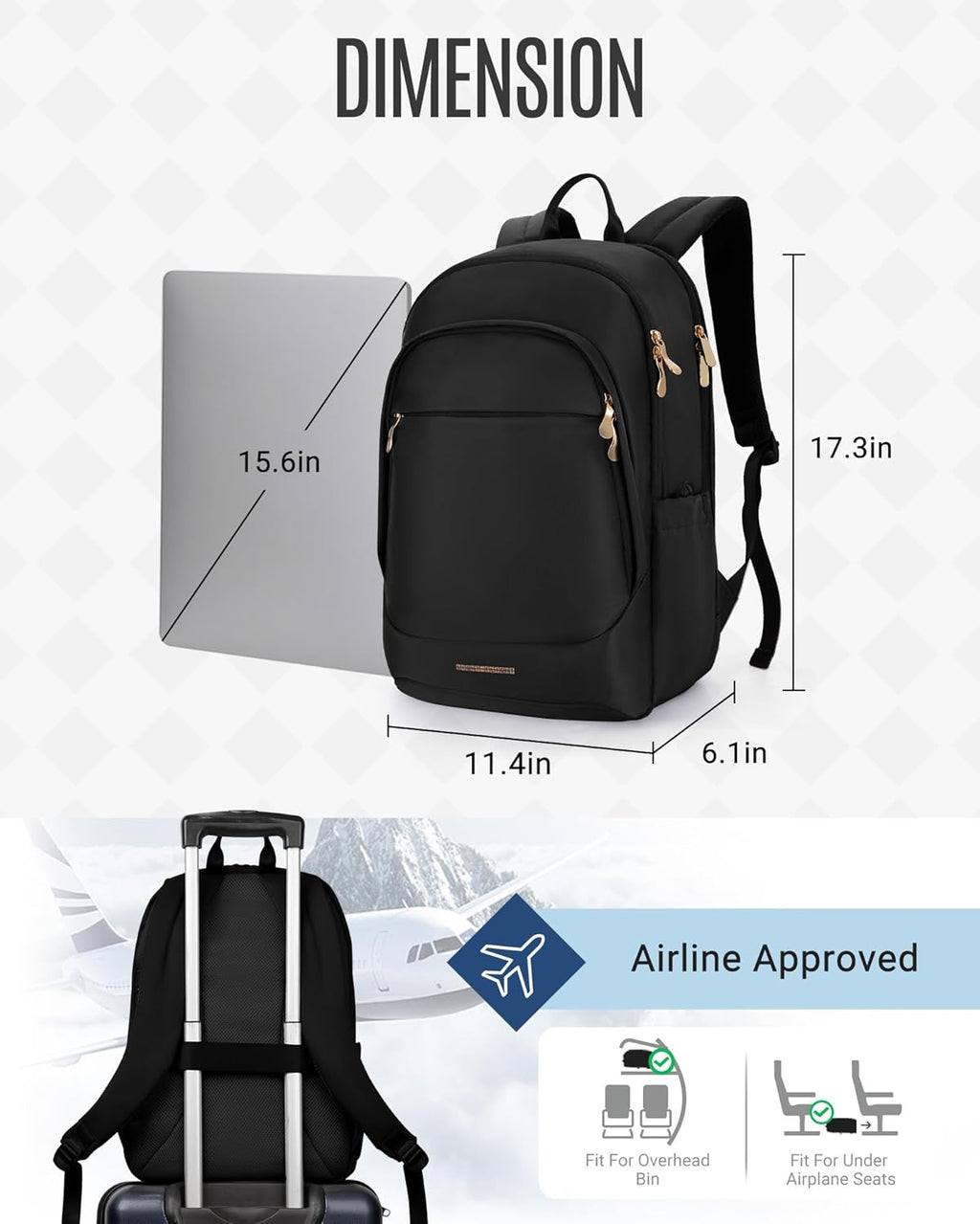 Travel Backpack for Women, 15.6 Inch, Black | Laptop Backpack, USB Charging Hole, Water Resistant, Large Capacity, College Bookbag