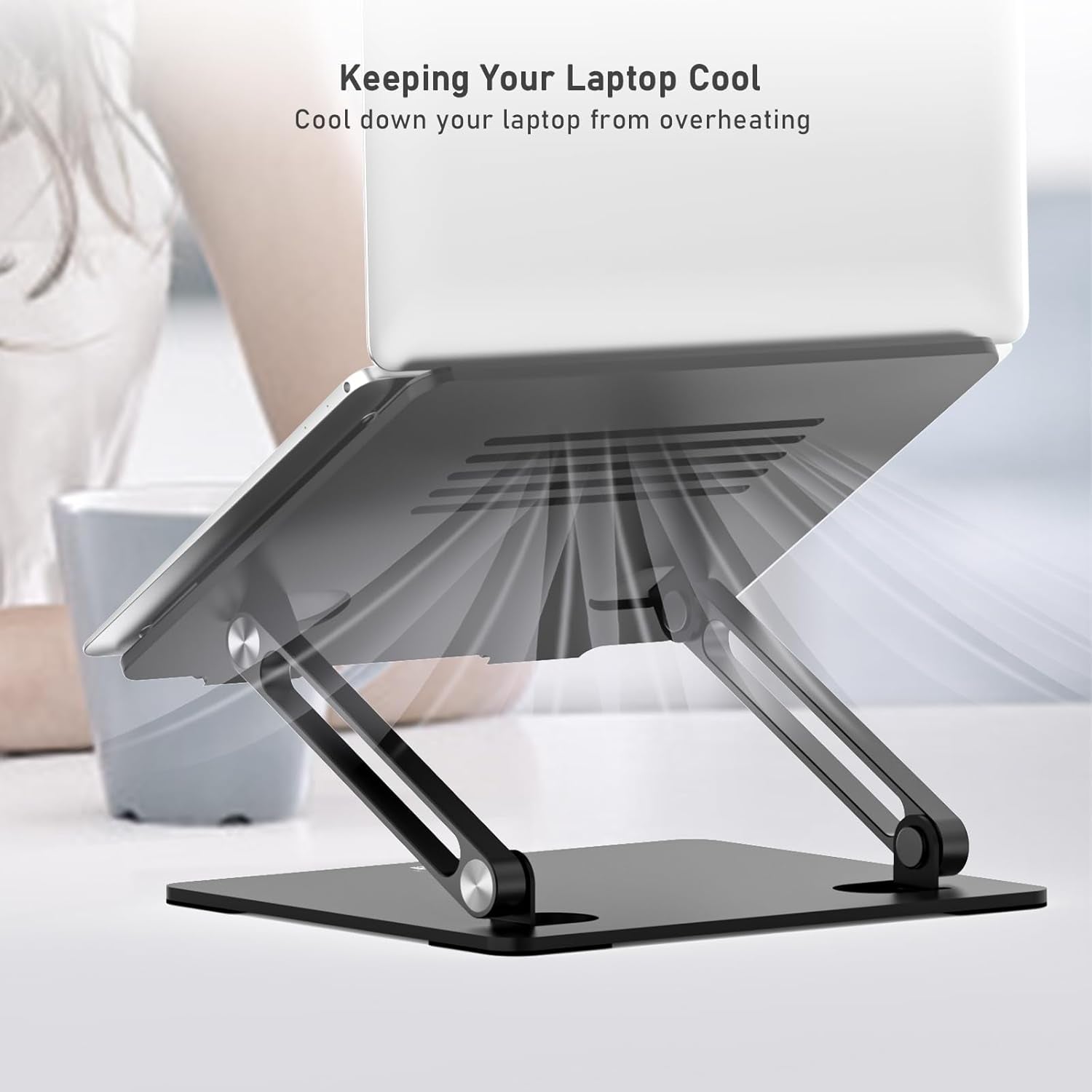 Laptop Stand, Adjustable Metal Desktop Riser, up to 15 Inches, Black | Slide-Proof Silicone Pads and Protective Hooks Provide Stable Support for Macbook, Notebooks and Laptops up to 15 Inches