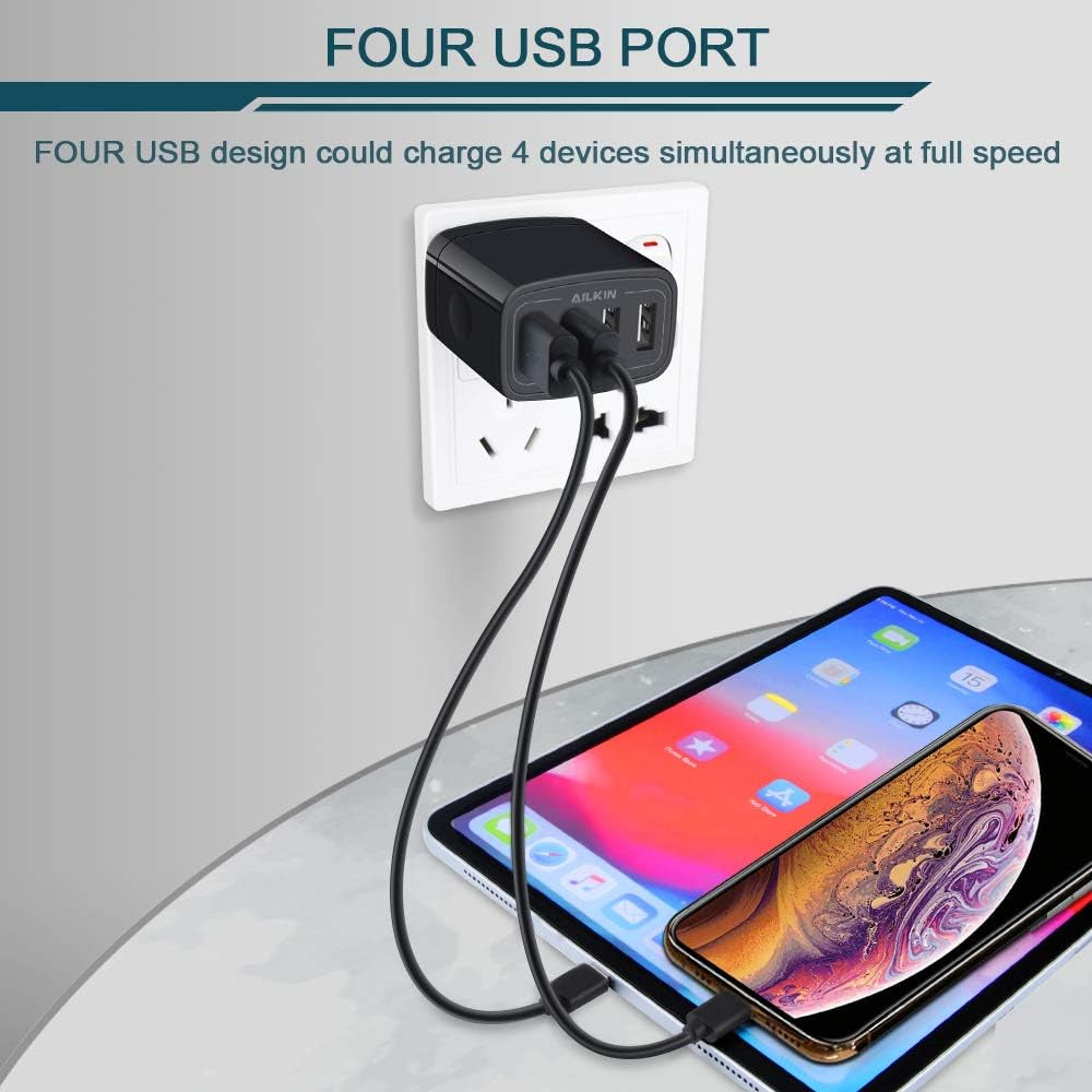 Wall Charger, USB Charger Adapter,  4.8A 4Multi Port Fast Charging | USBA Station Power Base Block Plug Cube Brick for Iphone 17 16 15 14 SE 13 12 Pro Max/X/Plus, Samsung A17/S25/S26 Kindle Plug