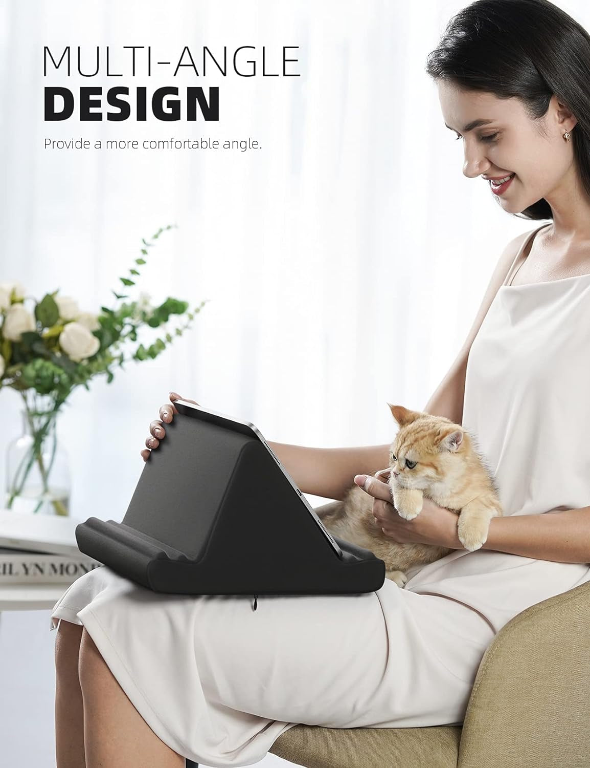 Tablet Pillow Holder Stand - Soft Pad for Lap, Bed, and Desk with Pocket and 4 Viewing Angles, Compatible with iPad Pro 13, 11, 12.9, Air, Mini, Kindle, iPhone, and 4-13" Devices, Black