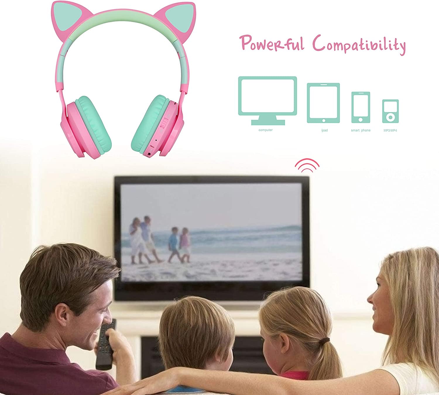 CT-7 Cat Ear Kids Bluetooth Headphones, LED Light up Bluetooth Wireless over Ear Headphones with Microphone and Volume Control for Travel/School/Smartphones/Laptop/Pc/Tv (Pink&Green)