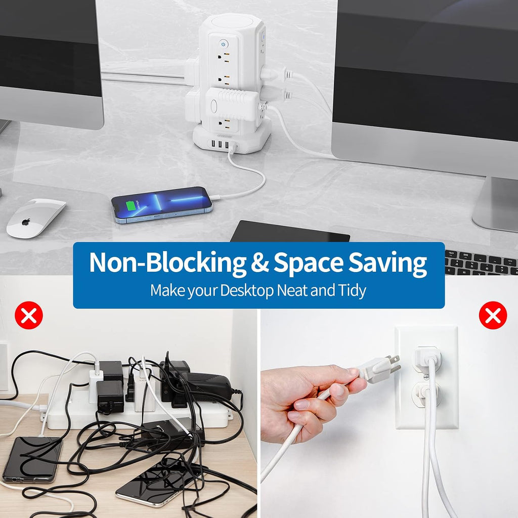 10 FT Extension Cord Power Strip Tower, 16 Widely Outlets 1875W 15A, Flat Plug Surge Protector with 4 USB Ports, Individual Switches, 1080 Joules, Overload Protection for Home Office Desktop, White
