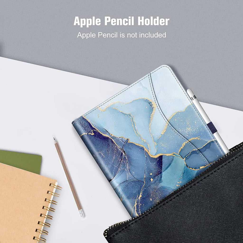 Multi-Angle Viewing Case for Ipad 9Th/8Th/7Th Generation 10.2 Inch | Vegan Leather Folio Stand Cover, Pencil Holder & Storage Pocket, Corner Protection, Auto Wake/Sleep, Ocean Marble