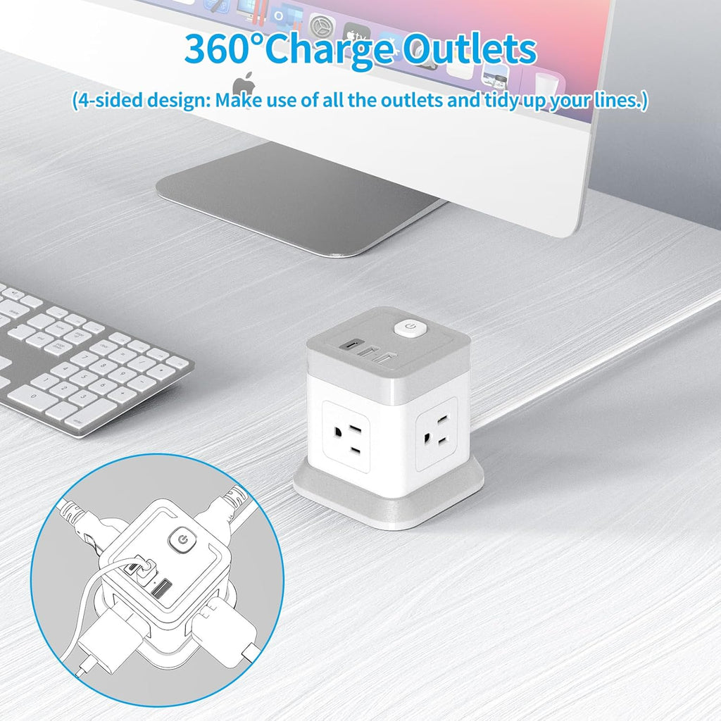 Power Bar with USB,  Flat Plug Extension Cord with 4 Outlets and 3 USB Ports, 5 FT Power Cord Desktop Charging Station, Overload Protection, Compact Portable for Travel Home Office Cruise Ship