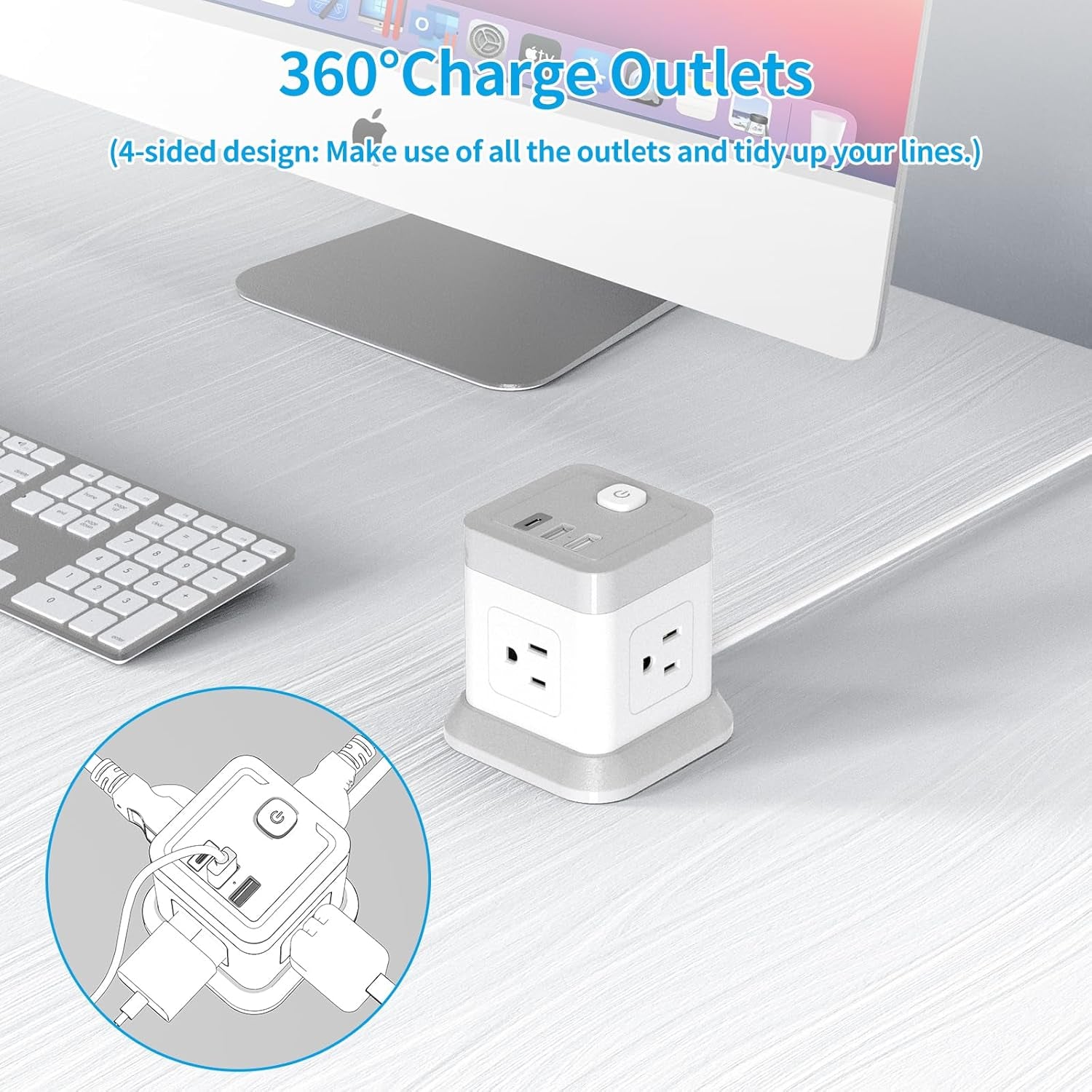 Power Bar with USB,  Flat Plug Extension Cord with 4 Outlets and 3 USB Ports, 5 FT Power Cord Desktop Charging Station, Overload Protection, Compact Portable for Travel Home Office Cruise Ship