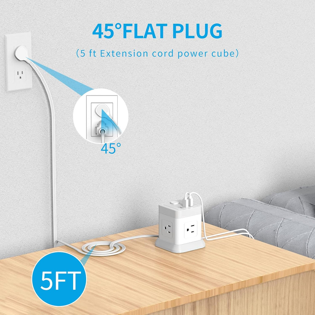 Power Bar with USB,  Flat Plug Extension Cord with 4 Outlets and 3 USB Ports, 5 FT Power Cord Desktop Charging Station, Overload Protection, Compact Portable for Travel Home Office Cruise Ship