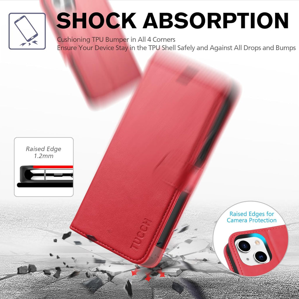 Wallet Case for Iphone 13 (6.1") 2021, 3 Card Slots, Red | RFID Blocking, Viewing Stand, Shockproof TPU Shell, PU Leather, Magnetic Closure, Protective Folio Flip Cover