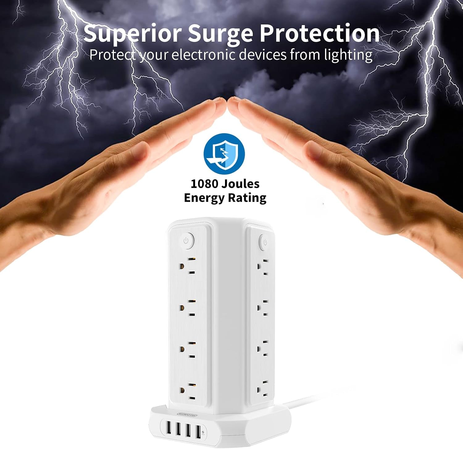 10 FT Extension Cord Power Strip Tower, 16 Widely Outlets 1875W 15A, Flat Plug Surge Protector with 4 USB Ports, Individual Switches, 1080 Joules, Overload Protection for Home Office Desktop, White