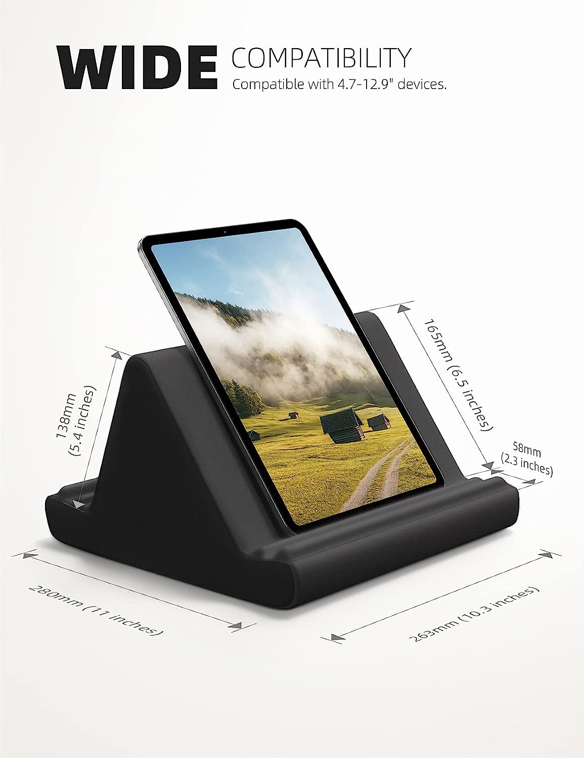 Tablet Pillow Holder Stand - Soft Pad for Lap, Bed, and Desk with Pocket and 4 Viewing Angles, Compatible with iPad Pro 13, 11, 12.9, Air, Mini, Kindle, iPhone, and 4-13" Devices, Black