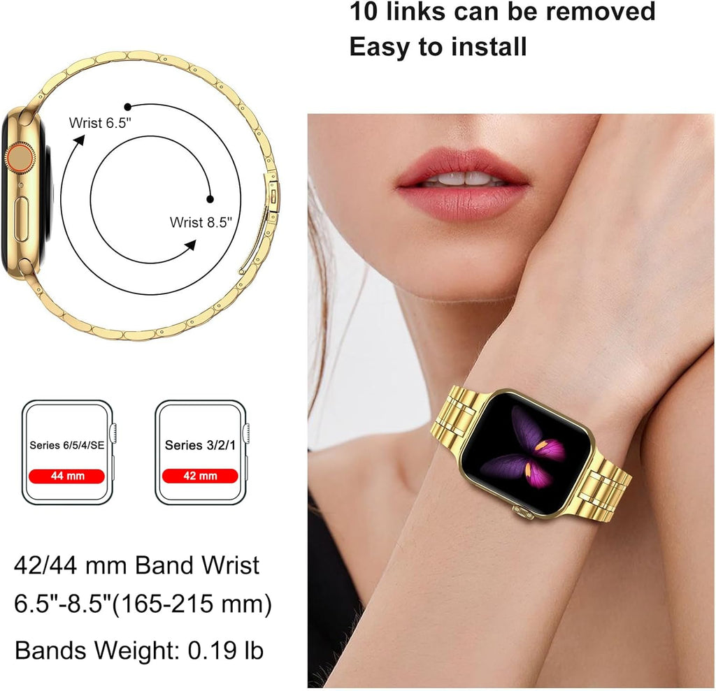 Solid Stainless Steel Bands for Apple Watch 44Mm 42Mm (Series 3/2/1) | Adjustable Metal Strap with Soft TPU Case for Women and Men, Fits Iwatch Bands Series 6 5 4 3 2 1, SE3, SE2, SE, Gold