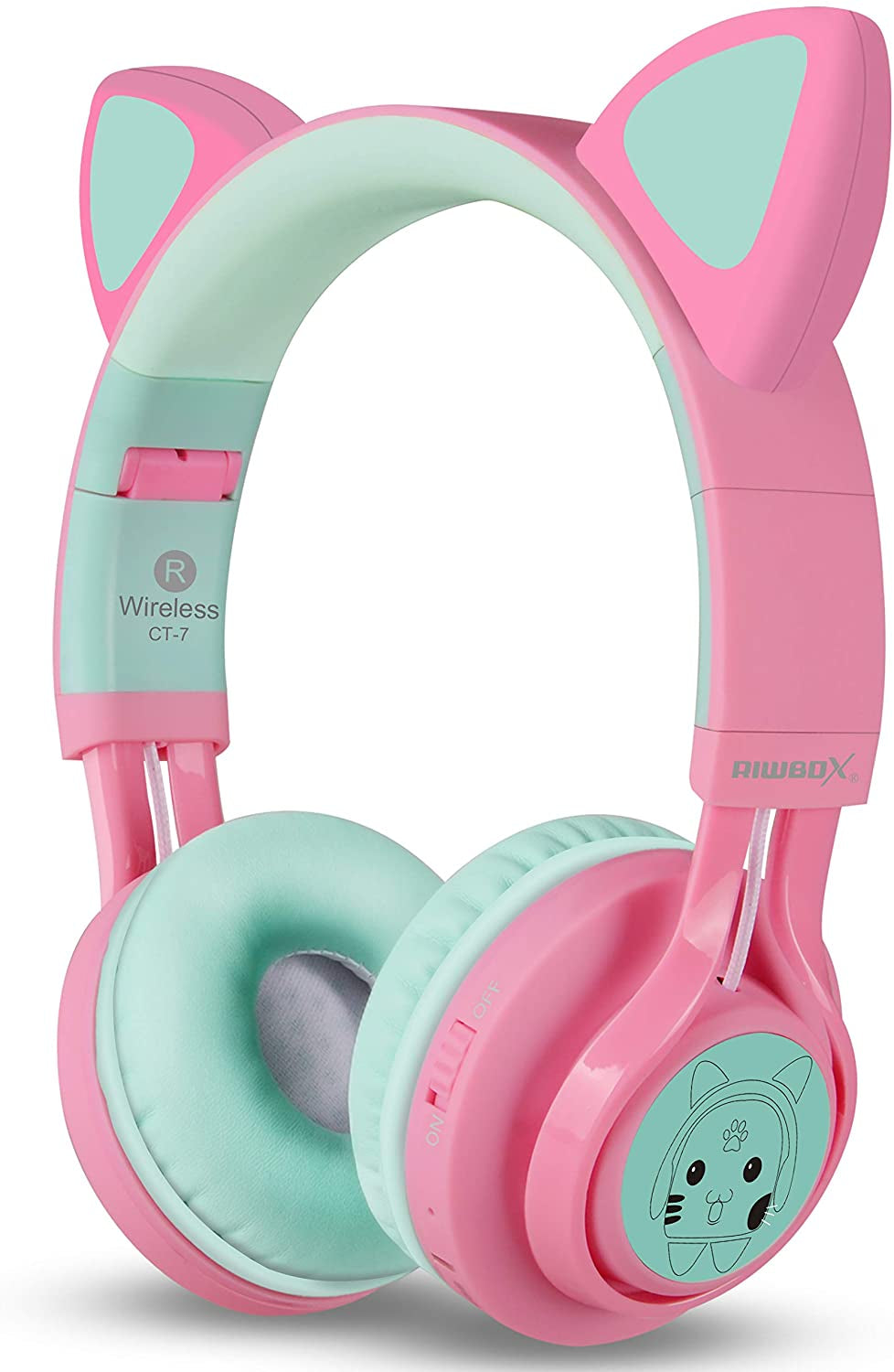 CT-7 Cat Ear Kids Bluetooth Headphones, LED Light up Bluetooth Wireless over Ear Headphones with Microphone and Volume Control for Travel/School/Smartphones/Laptop/Pc/Tv (Pink&Green)