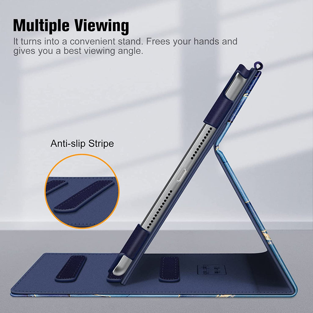 Multi-Angle Viewing Case for Ipad 9Th/8Th/7Th Generation 10.2 Inch | Vegan Leather Folio Stand Cover, Pencil Holder & Storage Pocket, Corner Protection, Auto Wake/Sleep, Ocean Marble