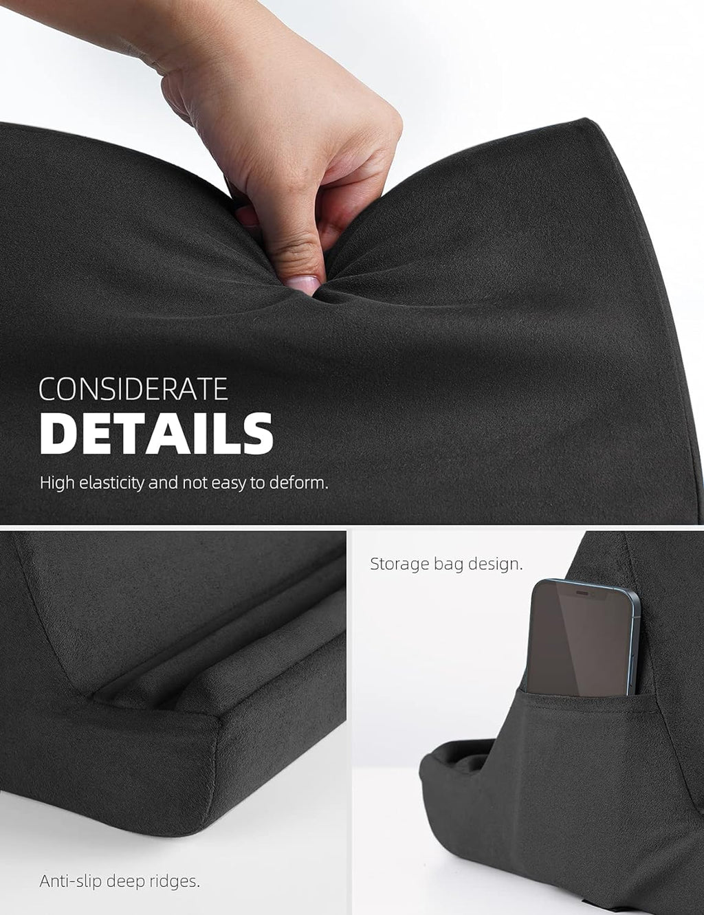 Tablet Pillow Holder Stand - Soft Pad for Lap, Bed, and Desk with Pocket and 4 Viewing Angles, Compatible with iPad Pro 13, 11, 12.9, Air, Mini, Kindle, iPhone, and 4-13" Devices, Black