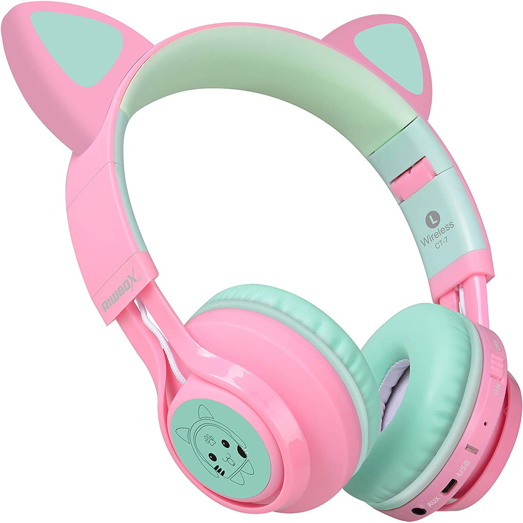 CT-7 Cat Ear Kids Bluetooth Headphones, LED Light up Bluetooth Wireless over Ear Headphones with Microphone and Volume Control for Travel/School/Smartphones/Laptop/Pc/Tv (Pink&Green)