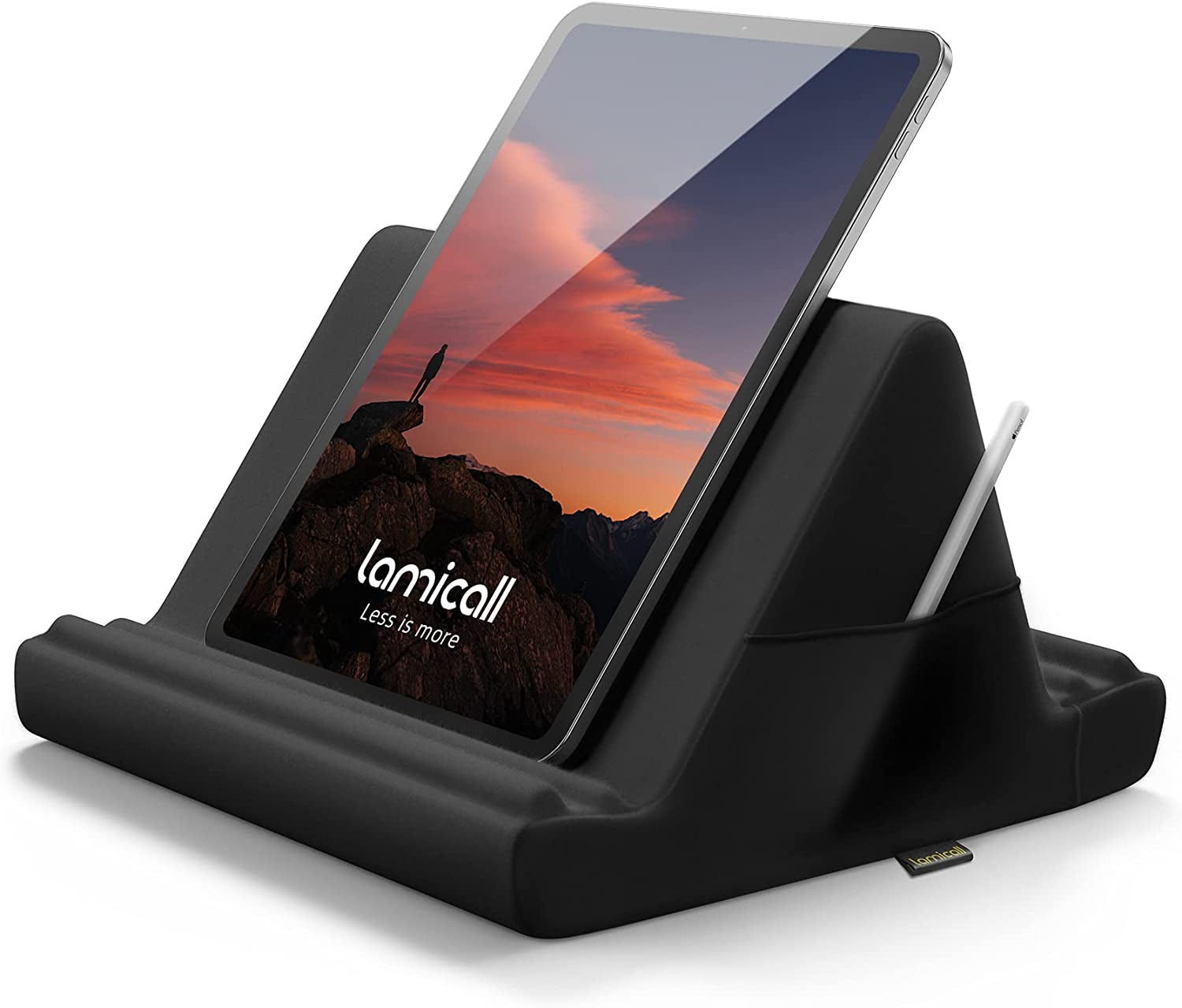 Tablet Pillow Holder Stand - Soft Pad for Lap, Bed, and Desk with Pocket and 4 Viewing Angles, Compatible with iPad Pro 13, 11, 12.9, Air, Mini, Kindle, iPhone, and 4-13" Devices, Black