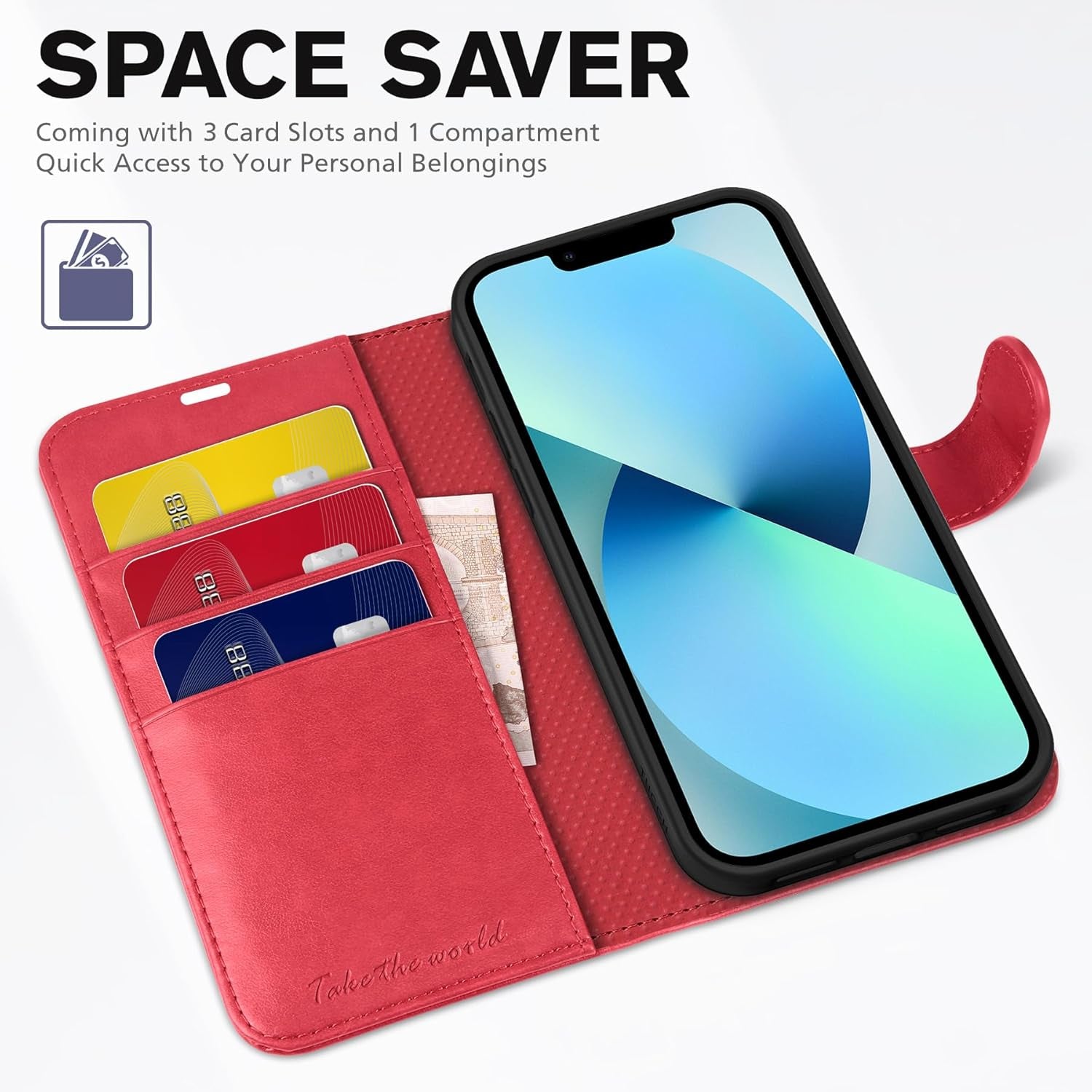Wallet Case for Iphone 13 (6.1") 2021, 3 Card Slots, Red | RFID Blocking, Viewing Stand, Shockproof TPU Shell, PU Leather, Magnetic Closure, Protective Folio Flip Cover
