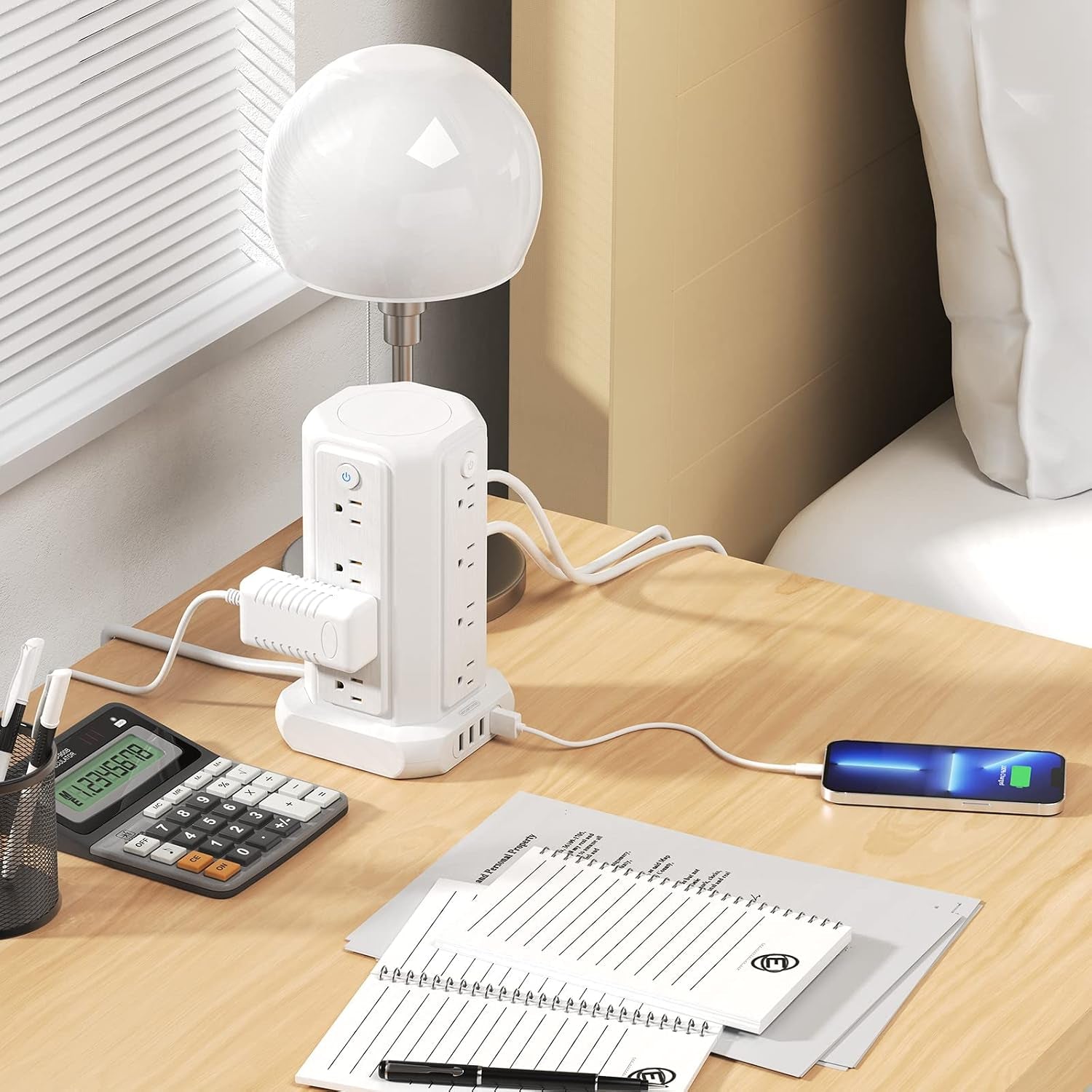10 FT Extension Cord Power Strip Tower, 16 Widely Outlets 1875W 15A, Flat Plug Surge Protector with 4 USB Ports, Individual Switches, 1080 Joules, Overload Protection for Home Office Desktop, White