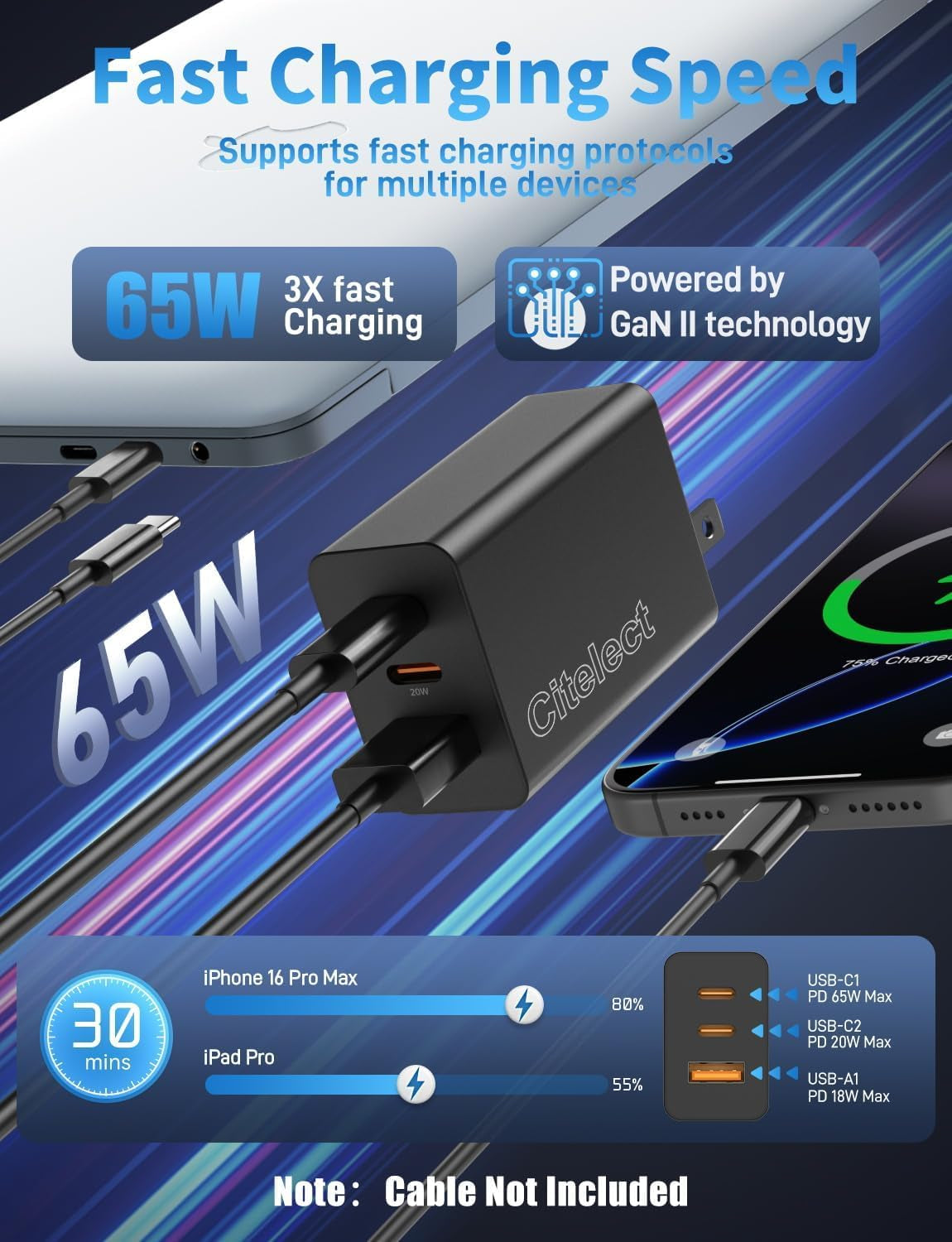 3Pack 65W USB C Charger Block, 3Port Fast Charging Adapter, Type C Fast Charging Blocks Cube PD USBC Wall Plug+Qc3.0 USB a Charger Brick for Macbook Pro/Air,Ipad,Iphone 17/16,Samsungs26/S25&More-Black