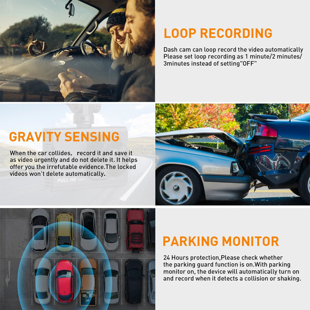 Dash Cam Front and Rear, 1080P Full HD Dash Camera, Dashcam with Night Vision, Car Camera with 3-Inch LCD Display, G-Sensor, Loop Recording, WDR