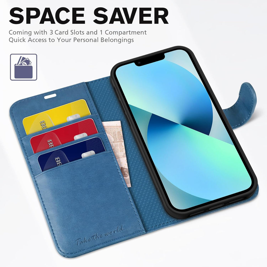 Wallet Case for Iphone 13 (6.1") 2021, Flip Stand, Lake Blue | RFID Blocking, 3 Card Holders, Kickstand, PU Leather, Shockproof TPU Shell, Magnetic Closure, Protective Folio Cover