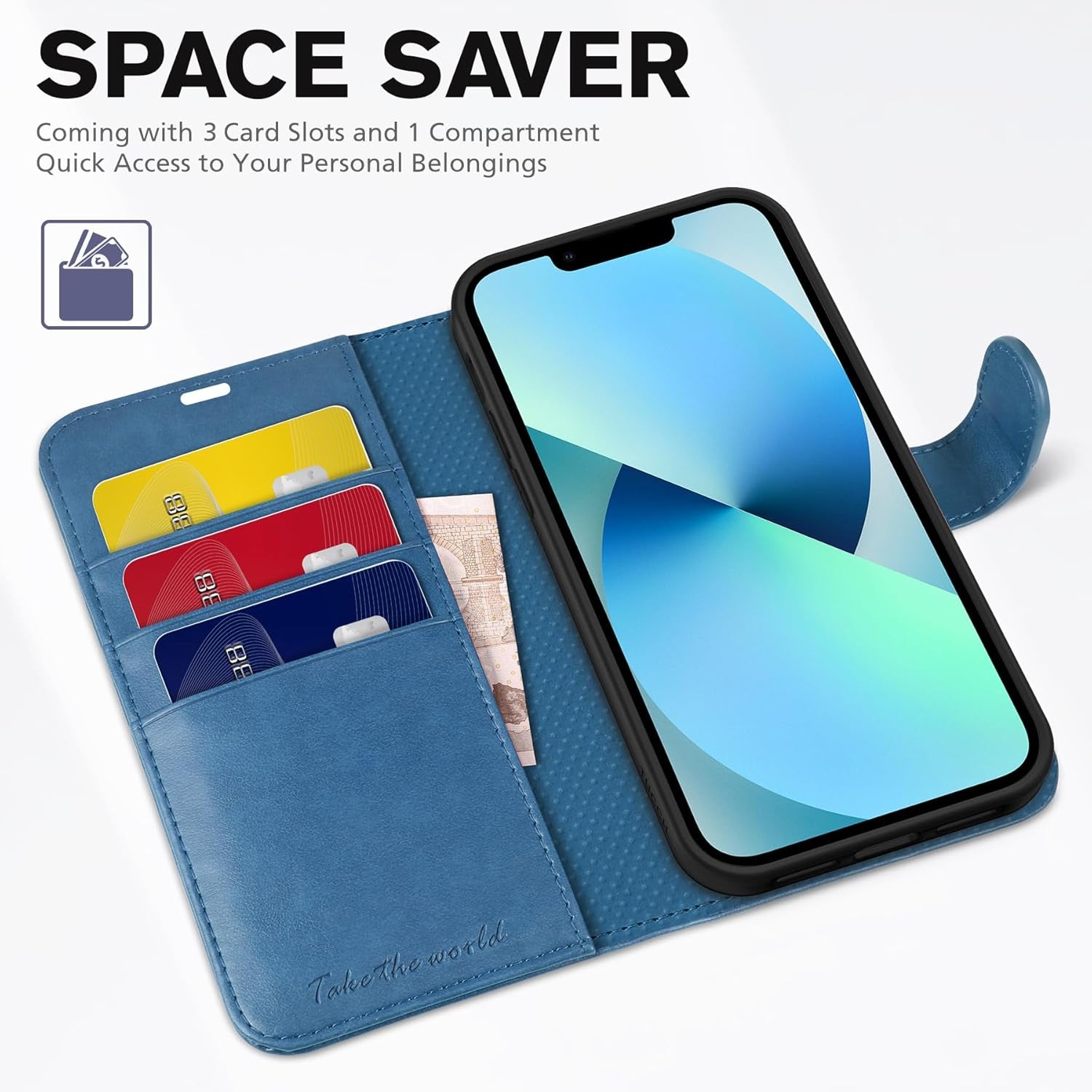 Wallet Case for Iphone 13 (6.1") 2021, Flip Stand, Lake Blue | RFID Blocking, 3 Card Holders, Kickstand, PU Leather, Shockproof TPU Shell, Magnetic Closure, Protective Folio Cover
