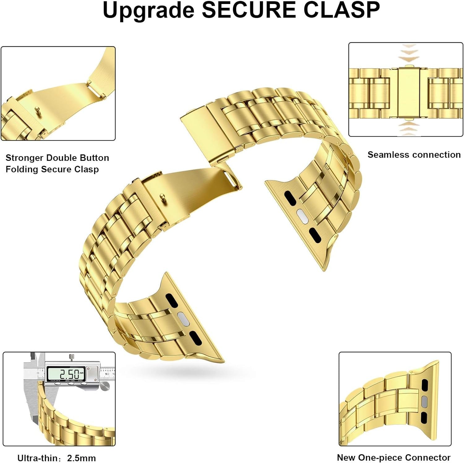 Solid Stainless Steel Bands for Apple Watch 44Mm 42Mm (Series 3/2/1) | Adjustable Metal Strap with Soft TPU Case for Women and Men, Fits Iwatch Bands Series 6 5 4 3 2 1, SE3, SE2, SE, Gold