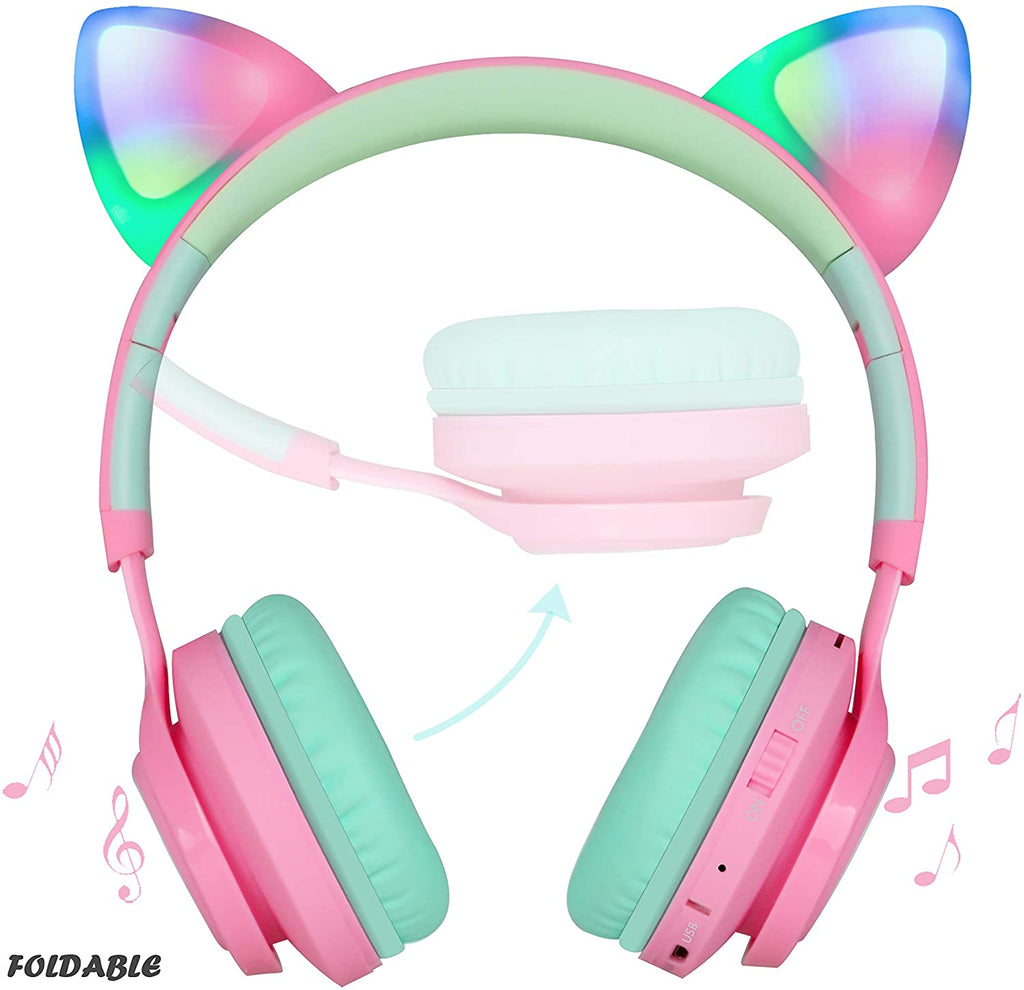 CT-7 Cat Ear Kids Bluetooth Headphones, LED Light up Bluetooth Wireless over Ear Headphones with Microphone and Volume Control for Travel/School/Smartphones/Laptop/Pc/Tv (Pink&Green)