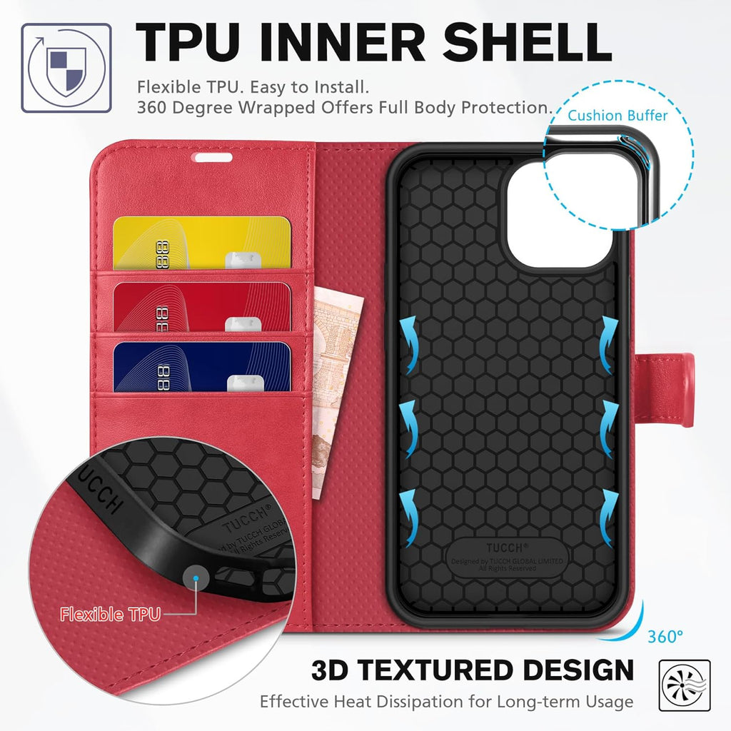 Wallet Case for Iphone 13 (6.1") 2021, 3 Card Slots, Red | RFID Blocking, Viewing Stand, Shockproof TPU Shell, PU Leather, Magnetic Closure, Protective Folio Flip Cover