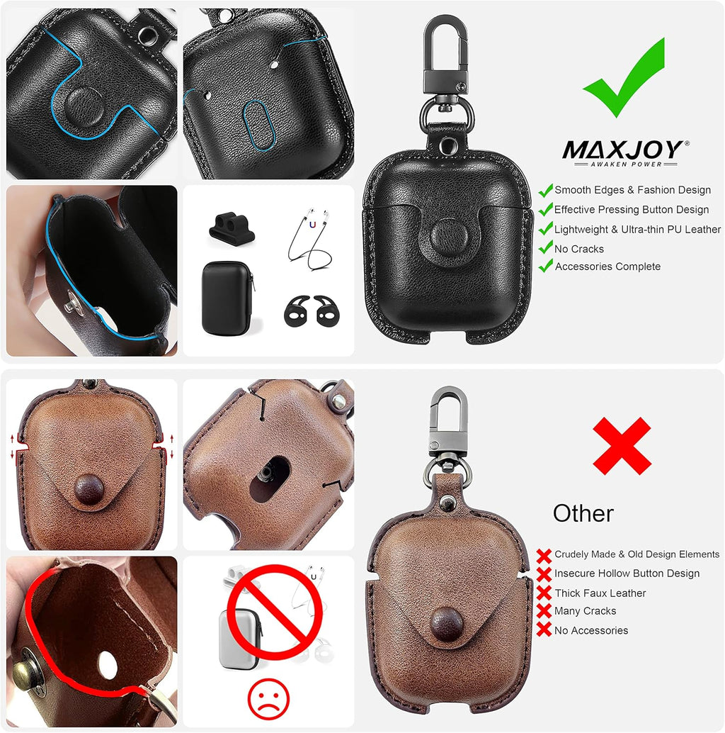 For Airpods 1/2 Case Case Leather with Keychain, Black | Soft PU Shockproof Protective Cover with Storage Bag Compatible with Airpods 1St & 2Nd