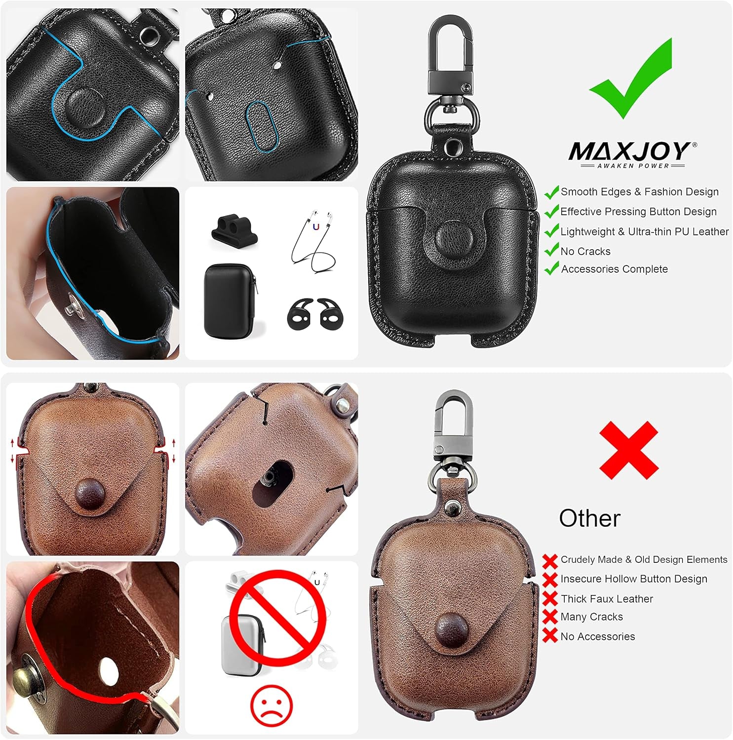 For Airpods 1/2 Case Case Leather with Keychain, Black | Soft PU Shockproof Protective Cover with Storage Bag Compatible with Airpods 1St & 2Nd
