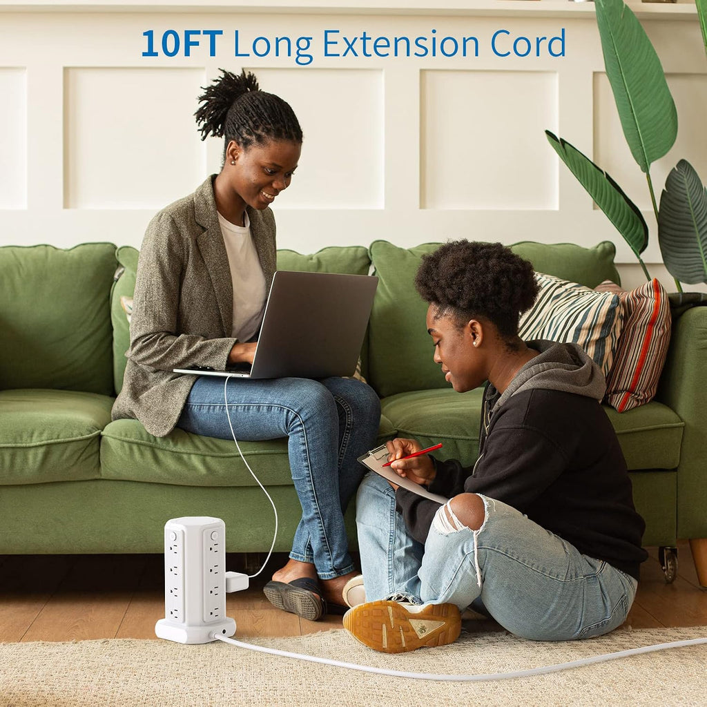 10 FT Extension Cord Power Strip Tower, 16 Widely Outlets 1875W 15A, Flat Plug Surge Protector with 4 USB Ports, Individual Switches, 1080 Joules, Overload Protection for Home Office Desktop, White