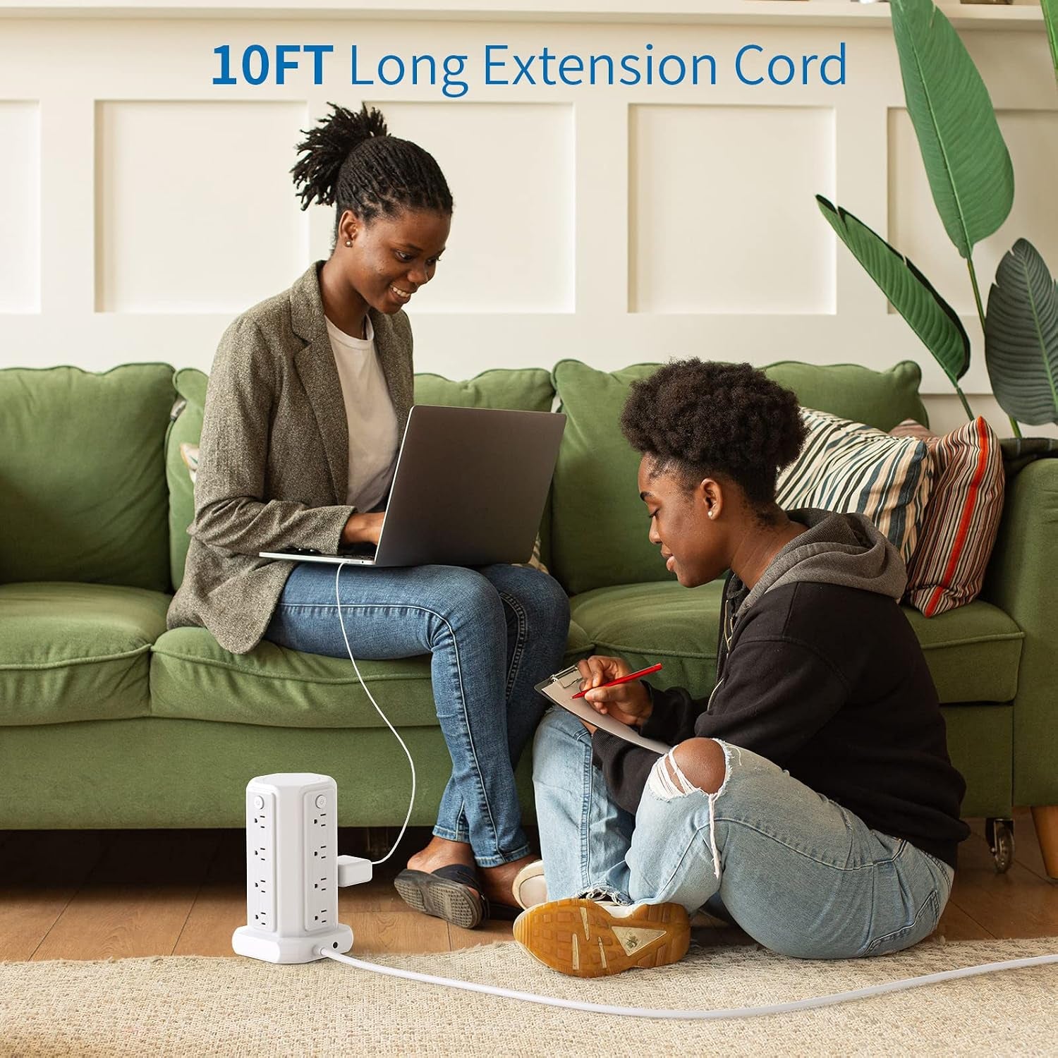10 FT Extension Cord Power Strip Tower, 16 Widely Outlets 1875W 15A, Flat Plug Surge Protector with 4 USB Ports, Individual Switches, 1080 Joules, Overload Protection for Home Office Desktop, White