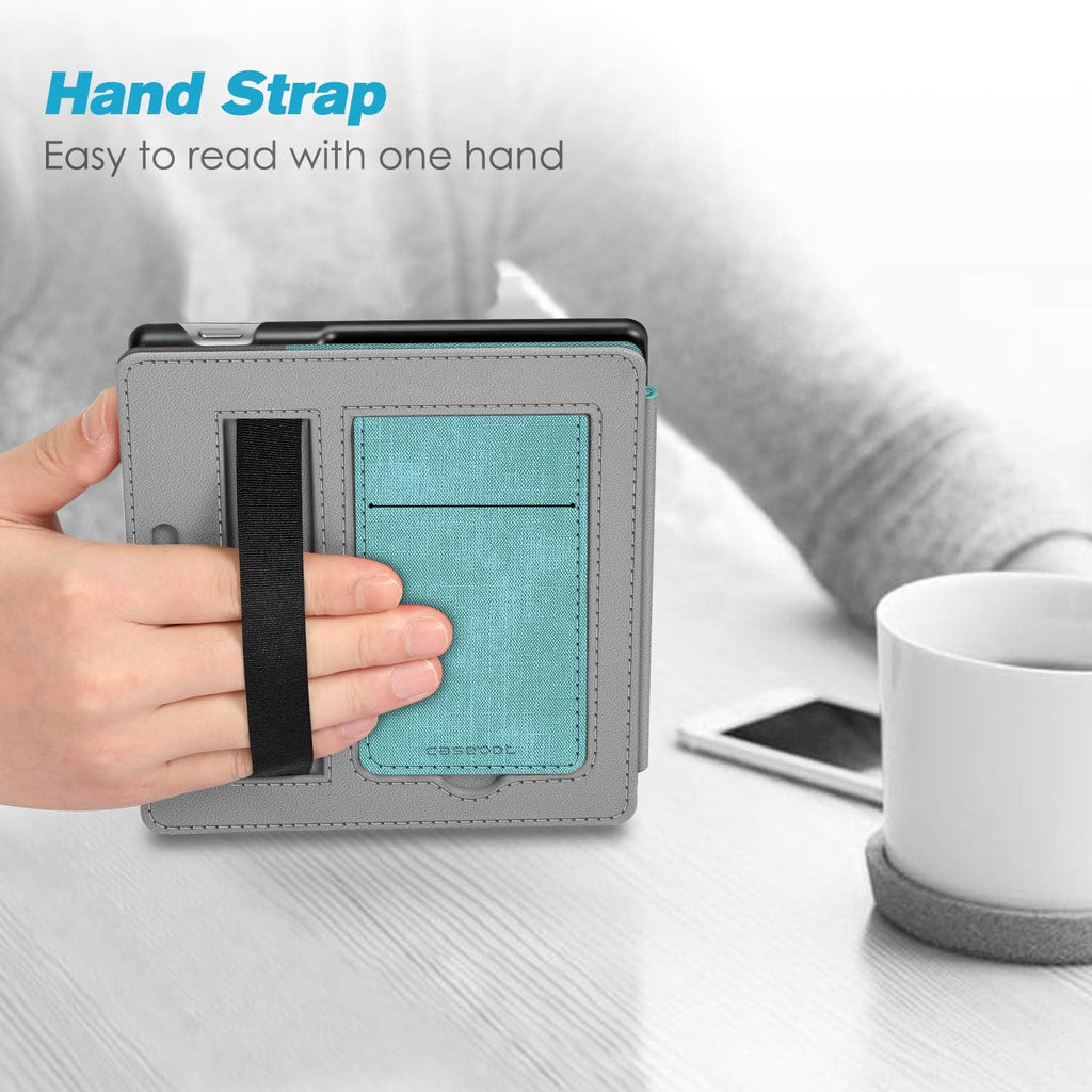 Stand Case for 7" Kindle Oasis 10Th/9Th Gen 2019/2017, Turquoise | Foldable Kickstand PU Leather Hard Back Shell Cover, Built-In Card Slot and Hand Strap, Auto Sleep/Wake