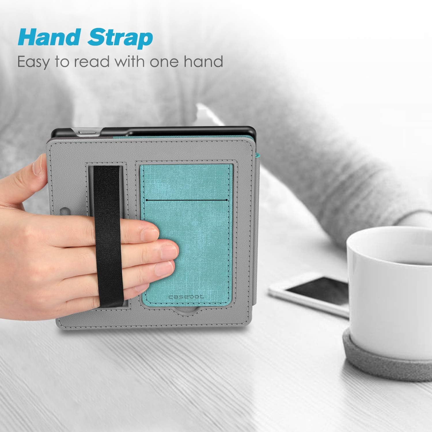 Stand Case for 7" Kindle Oasis 10Th/9Th Gen 2019/2017, Turquoise | Foldable Kickstand PU Leather Hard Back Shell Cover, Built-In Card Slot and Hand Strap, Auto Sleep/Wake