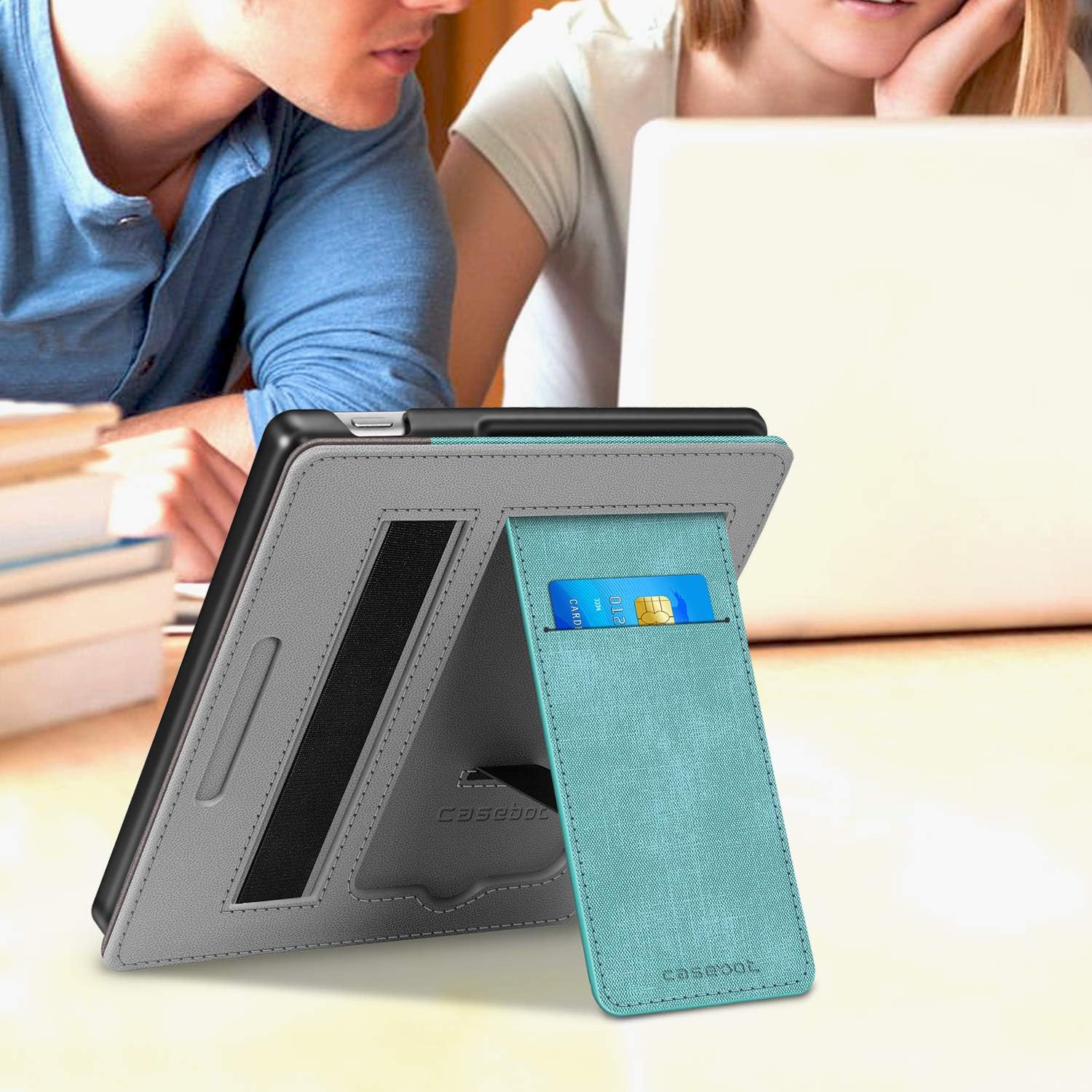 Stand Case for 7" Kindle Oasis 10Th/9Th Gen 2019/2017, Turquoise | Foldable Kickstand PU Leather Hard Back Shell Cover, Built-In Card Slot and Hand Strap, Auto Sleep/Wake