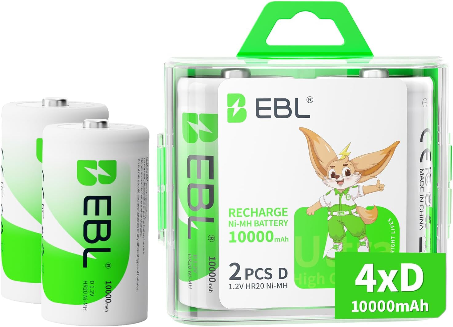 D Cell Batteries 10,000Mah Ultra Pro Ni-Mh Rechargeable D Batteries, 4-Pack | 10000Mah Ni-Mh Compatiable with Flashlights, Radios, Portable Speakers, Mercury-Free, 1200 Cycles