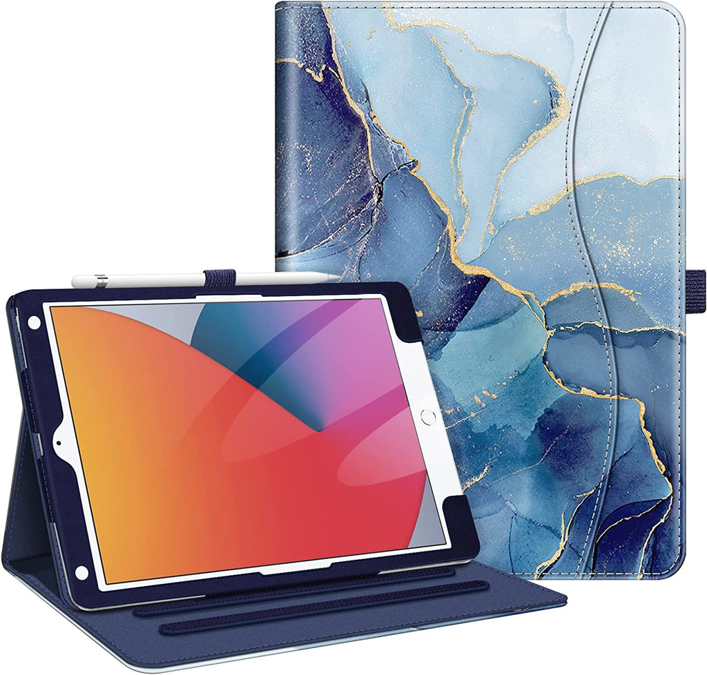 Multi-Angle Viewing Case for Ipad 9Th/8Th/7Th Generation 10.2 Inch | Vegan Leather Folio Stand Cover, Pencil Holder & Storage Pocket, Corner Protection, Auto Wake/Sleep, Ocean Marble