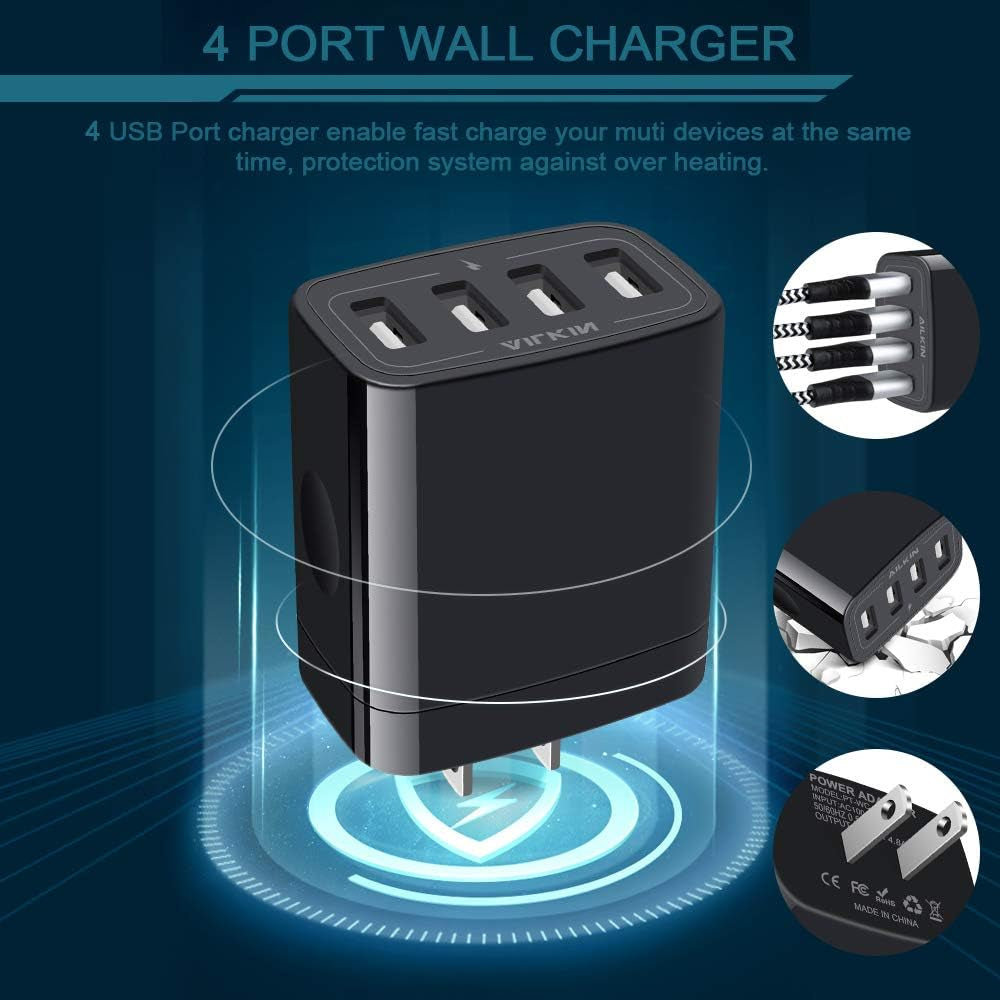 Wall Charger, USB Charger Adapter,  4.8A 4Multi Port Fast Charging | USBA Station Power Base Block Plug Cube Brick for Iphone 17 16 15 14 SE 13 12 Pro Max/X/Plus, Samsung A17/S25/S26 Kindle Plug