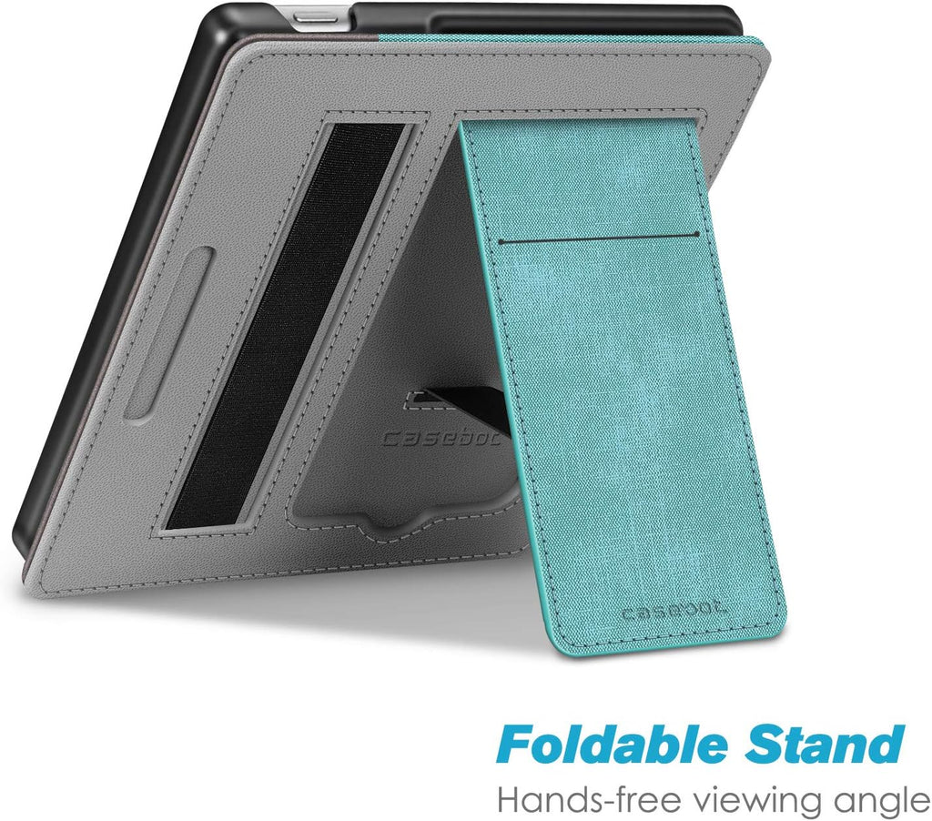 Stand Case for 7" Kindle Oasis 10Th/9Th Gen 2019/2017, Turquoise | Foldable Kickstand PU Leather Hard Back Shell Cover, Built-In Card Slot and Hand Strap, Auto Sleep/Wake