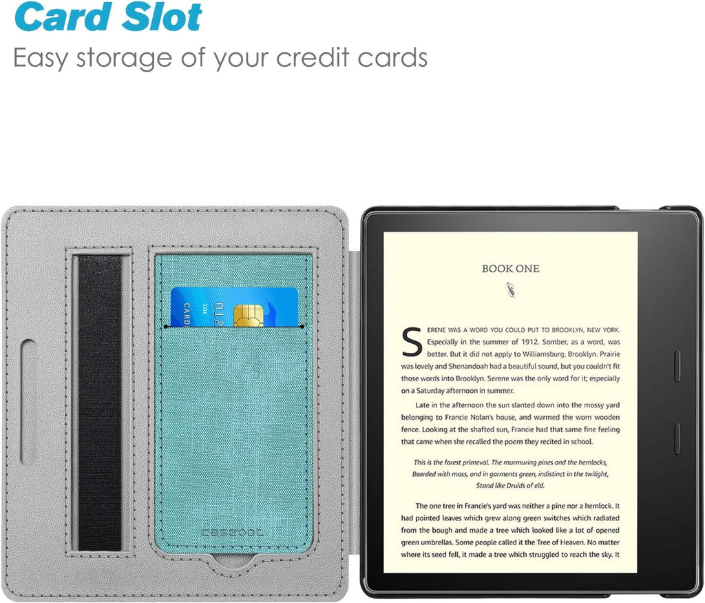 Stand Case for 7" Kindle Oasis 10Th/9Th Gen 2019/2017, Turquoise | Foldable Kickstand PU Leather Hard Back Shell Cover, Built-In Card Slot and Hand Strap, Auto Sleep/Wake