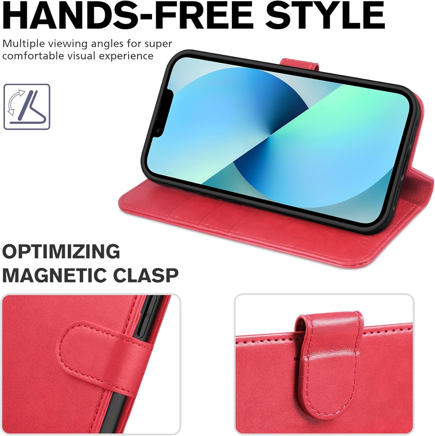 Wallet Case for Iphone 13 (6.1") 2021, 3 Card Slots, Red | RFID Blocking, Viewing Stand, Shockproof TPU Shell, PU Leather, Magnetic Closure, Protective Folio Flip Cover