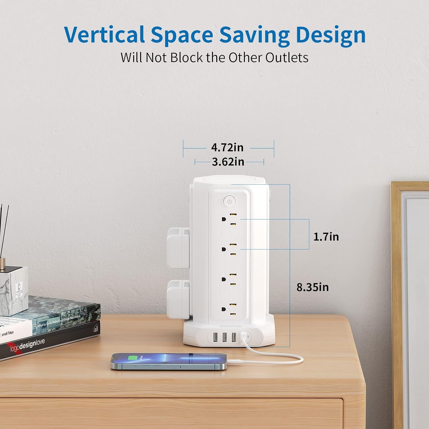 10 FT Extension Cord Power Strip Tower, 16 Widely Outlets 1875W 15A, Flat Plug Surge Protector with 4 USB Ports, Individual Switches, 1080 Joules, Overload Protection for Home Office Desktop, White