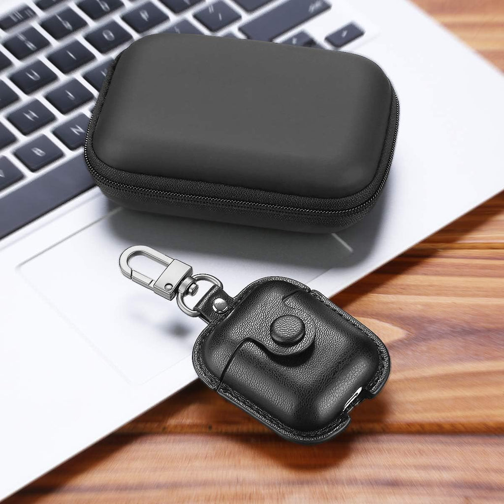For Airpods 1/2 Case Case Leather with Keychain, Black | Soft PU Shockproof Protective Cover with Storage Bag Compatible with Airpods 1St & 2Nd
