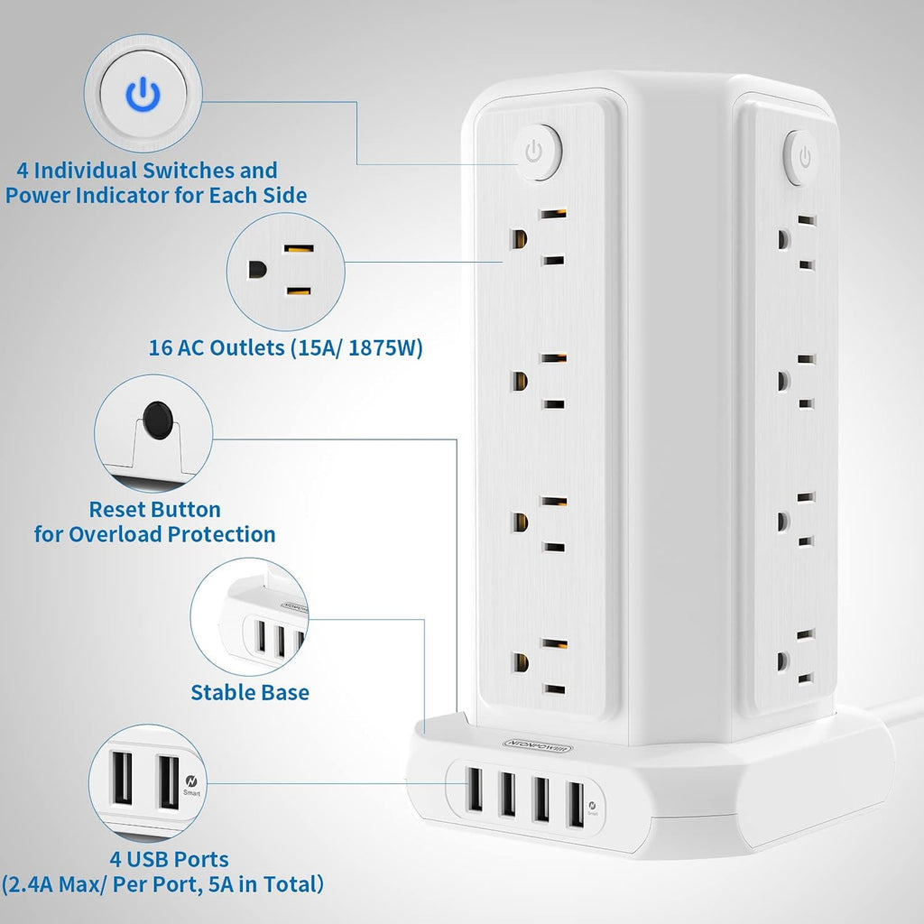 10 FT Extension Cord Power Strip Tower, 16 Widely Outlets 1875W 15A, Flat Plug Surge Protector with 4 USB Ports, Individual Switches, 1080 Joules, Overload Protection for Home Office Desktop, White
