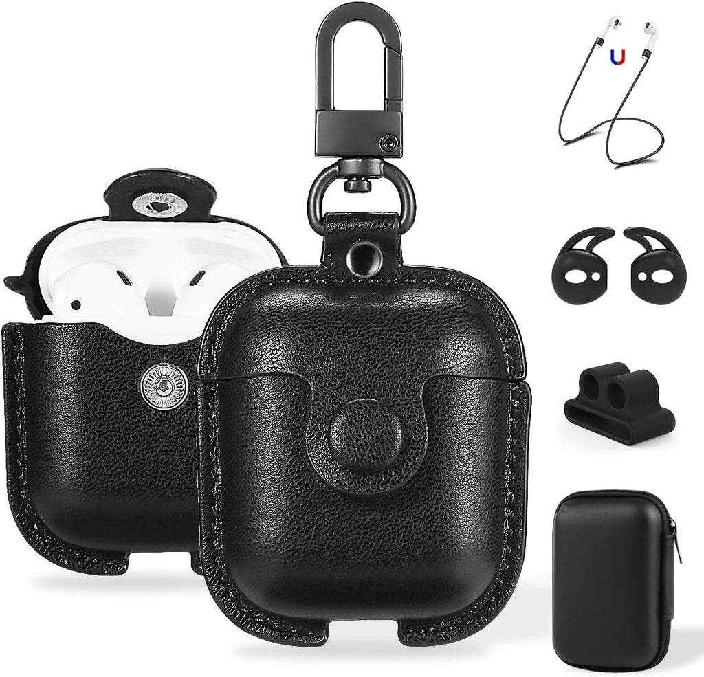 For Airpods 1/2 Case Case Leather with Keychain, Black | Soft PU Shockproof Protective Cover with Storage Bag Compatible with Airpods 1St & 2Nd