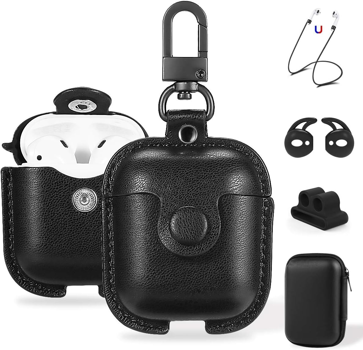 For Airpods 1/2 Case Case Leather with Keychain, Black | Soft PU Shockproof Protective Cover with Storage Bag Compatible with Airpods 1St & 2Nd