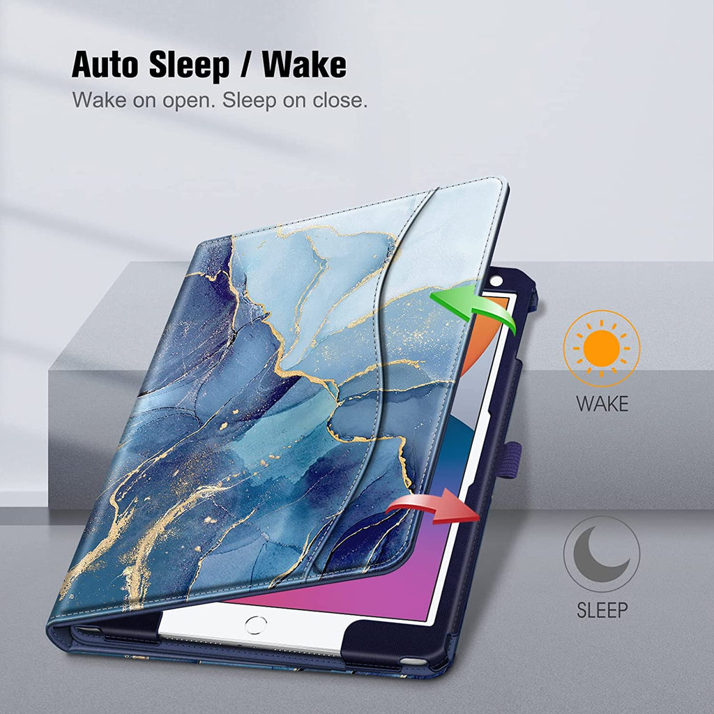 Multi-Angle Viewing Case for Ipad 9Th/8Th/7Th Generation 10.2 Inch | Vegan Leather Folio Stand Cover, Pencil Holder & Storage Pocket, Corner Protection, Auto Wake/Sleep, Ocean Marble