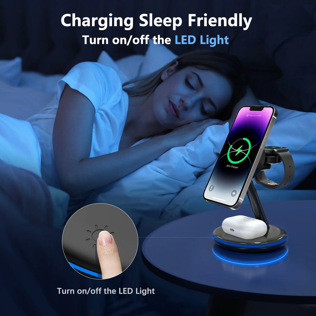 XEITIN 18W Magsafe Wireless Charger Docking Station for Iphone 15/14/13/12 Airpods Iwatch Ultra/8/7/Se/6/5/4/3/2 Wireless Charger Station Black