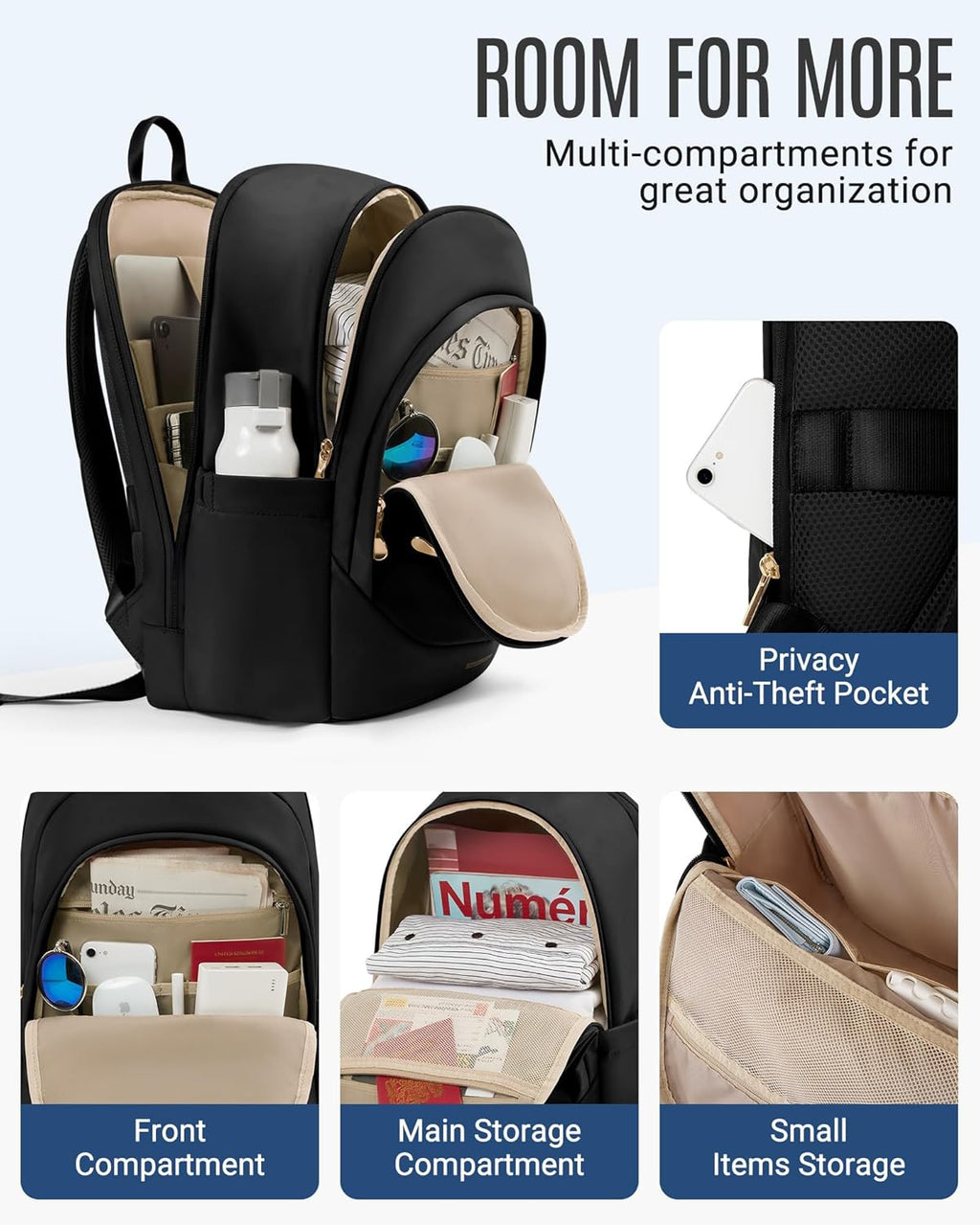 Travel Backpack for Women, 15.6 Inch, Black | Laptop Backpack, USB Charging Hole, Water Resistant, Large Capacity, College Bookbag