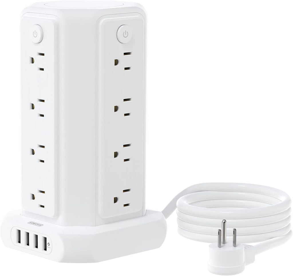 10 FT Extension Cord Power Strip Tower, 16 Widely Outlets 1875W 15A, Flat Plug Surge Protector with 4 USB Ports, Individual Switches, 1080 Joules, Overload Protection for Home Office Desktop, White